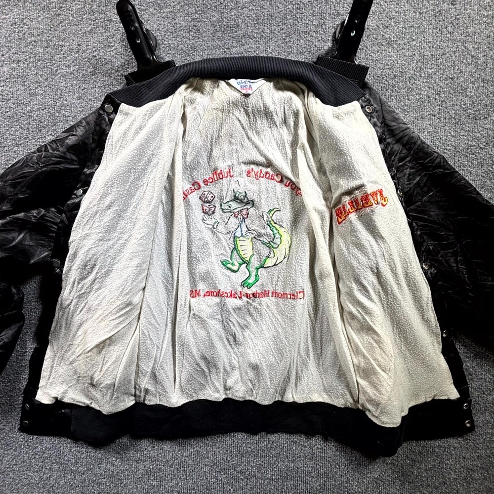 VTG 80s West Ark Bayou Caddy’s Jubilee Casino Satin Bomber Jacket Men's S Black - Picture 9 of 14